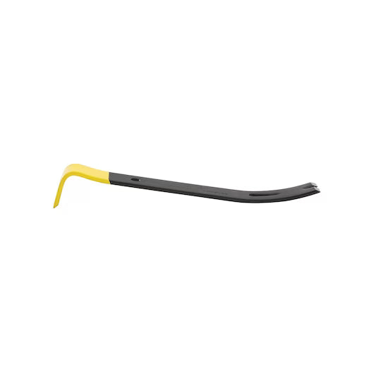 The STANLEY 7 IN WONDER BAR® II PRY BAR is a compact demolition tool, featuring a black body and yellow angled end, made from precision-forged steel for easy nail pulling and prying apart materials.